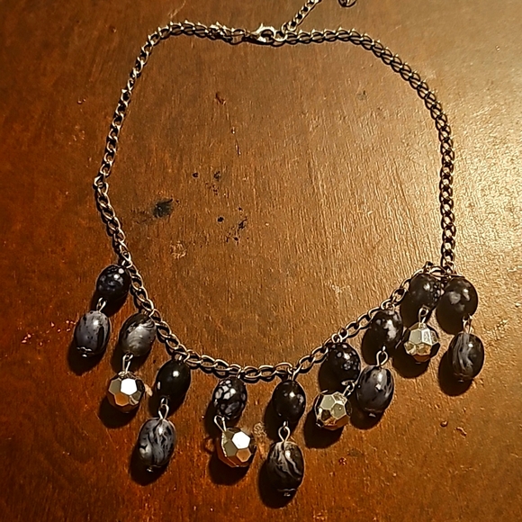 Silvertone Necklace w/Dangling Silver & Blue w/Design Embedded Beads, 18" Length - Picture 1 of 6